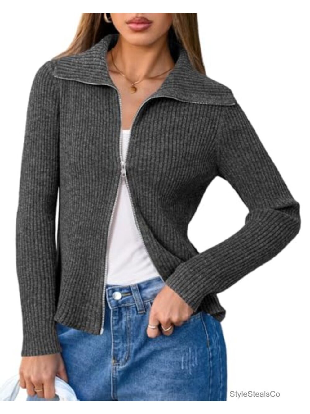 Wool Blend Zip Up Cardigan Sweater Slim Fit Long Sleeve